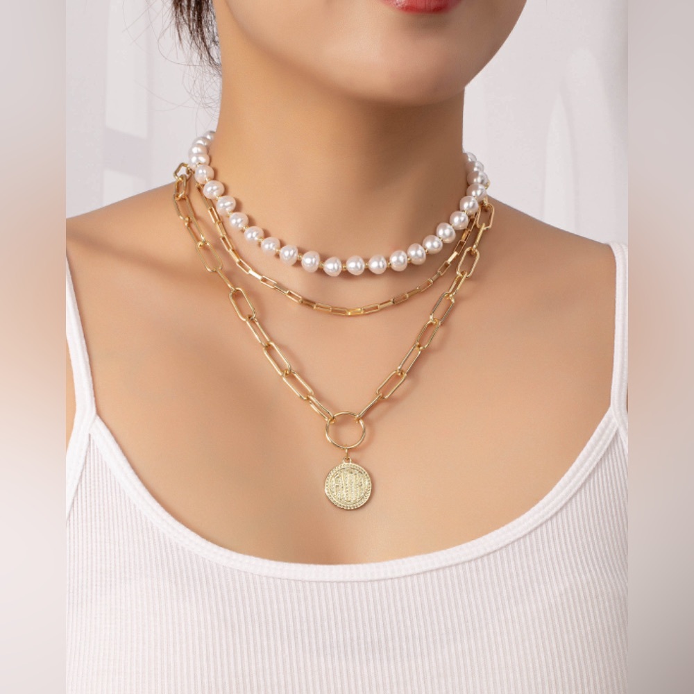3 layered gold chain link pearl necklace